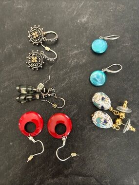 Mixed Earring Lot - Red Hoops, Turquoise Discs, Cloisonné & Silver-Tone Styles